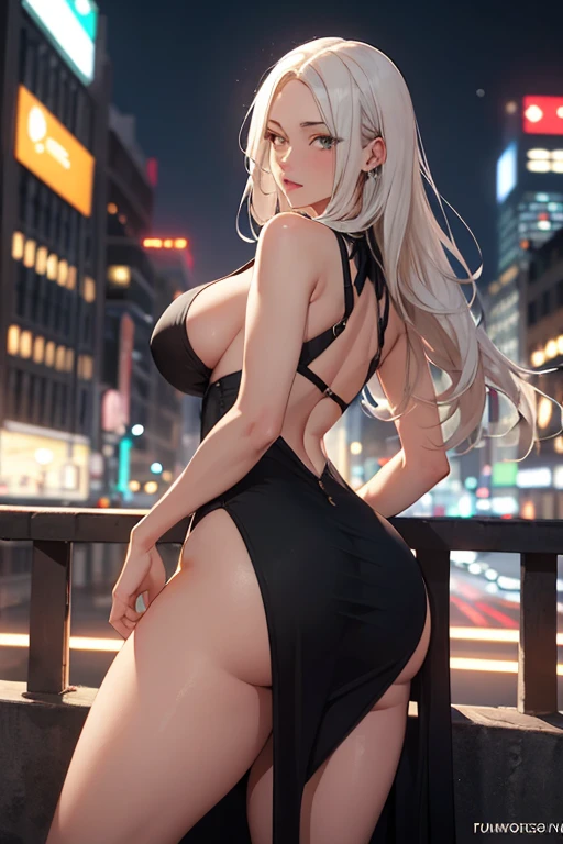 masterpiece, best quality, shadows, perfect hands, perfect legs, perfect anatomy, pretty face, mature features, 1 girl, 21 years old, MILF, mature woman, sexy black dress, city night background, white long hair, thighs, ass, breast, seductive, spicy, posing, cinematography lights,