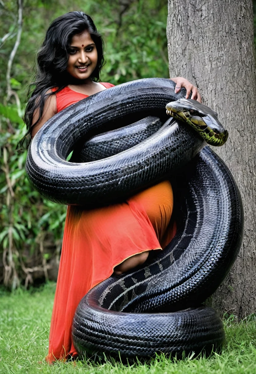 Pregnant Happy Horny, aroused 1girl), beautiful kneeling Indian  ********** girl with  giant colossal black titanboa squeezing her hard, wrapped in thick spiraling coils, constricted, struggle, gasping for air, snake attack, snake peril, moonless night, dim light