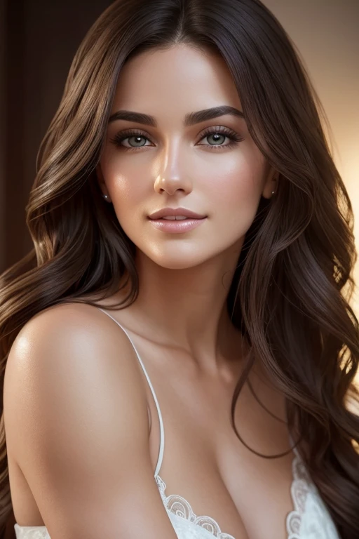 Brunette Milf, with thick, luscious hair cascading down her back, is captured in a closeup shot. Her full lips, perfectly outlined in gloss, glisten under the soft, dramatic lighting. Her thin nose, delicately sculpted, accentuates her engaging, seductive smile. The focus heavily lingers on her realistic face, showcasing every intricate detail from her high-definition skin texture to the slight blush on her cheeks. Her shoulders and chest are hugged tightly, adding an alluring depth to the image. The photograph, exuding a sense of realism and raw beauty, is a true masterpiece, captured in the highest resolution on a Canon EOS R
