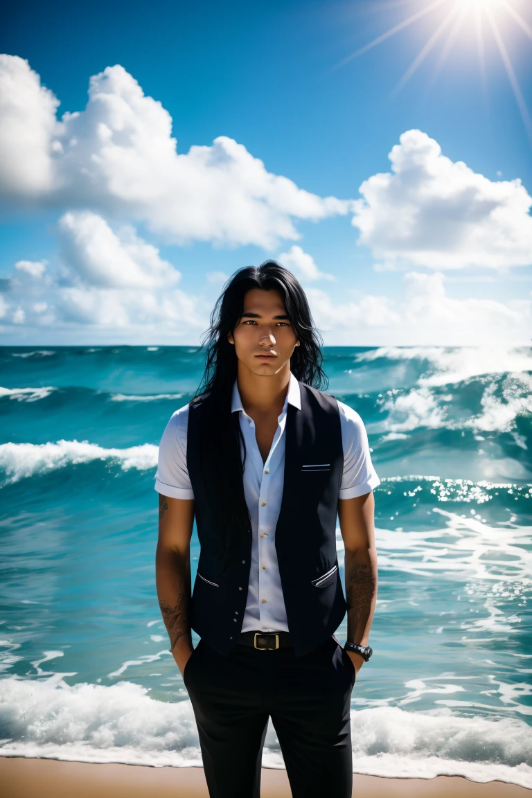 a young man with long Black Hair and a vest on standing in front of the ocean with a blue sky, (1 Girl:0.955), (Bangs:0.575), (black eyes:0.572), (Black Hair:0.709), (blue sky空:0.985), (Shut up:0.536), (cloud:0.927), (sky:0.980), (horizon:0.816), (Japanese clothes:0.511), (Lips:0.7), (Long hair:0.775), (Looking at the audience:0.811), (nose:0.534), (ocean:0.950), (outdoor:0.734), (Practical:0.814), (sky空:0.988), (Solitary:0.937), (Upper Body:0.557), (water:0.600)