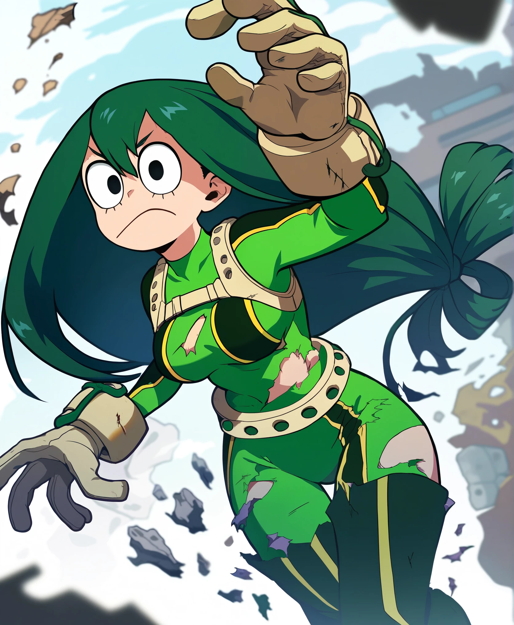 score_9_up, score_8_up, score_7_up, cowboy shot, 1girl, Asui Tsuyu\(boku no hero academia\), green hair, very long hair, low-tied long hair, tied hair, black eyes, wide hips, medium breasts, (torn clothes), (torn suit), (wounds on body), source_anime, anime style, (destroyed city), (annoyed)