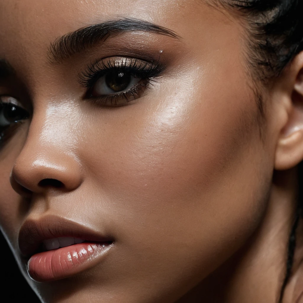 close up and zoomed in on a beautiful depressed emotional sad crying black girl and a black background, sad, depressed, emotional, close up on side profile only showing cheek and eyelight falling on face, noir photorealism, mysterious portrait of a woman, chiaroscuro portrait, close up on side profile, tinashe, zoe kravitz, zoomed in on tear drop, euphoria vibes, black and white, dark
