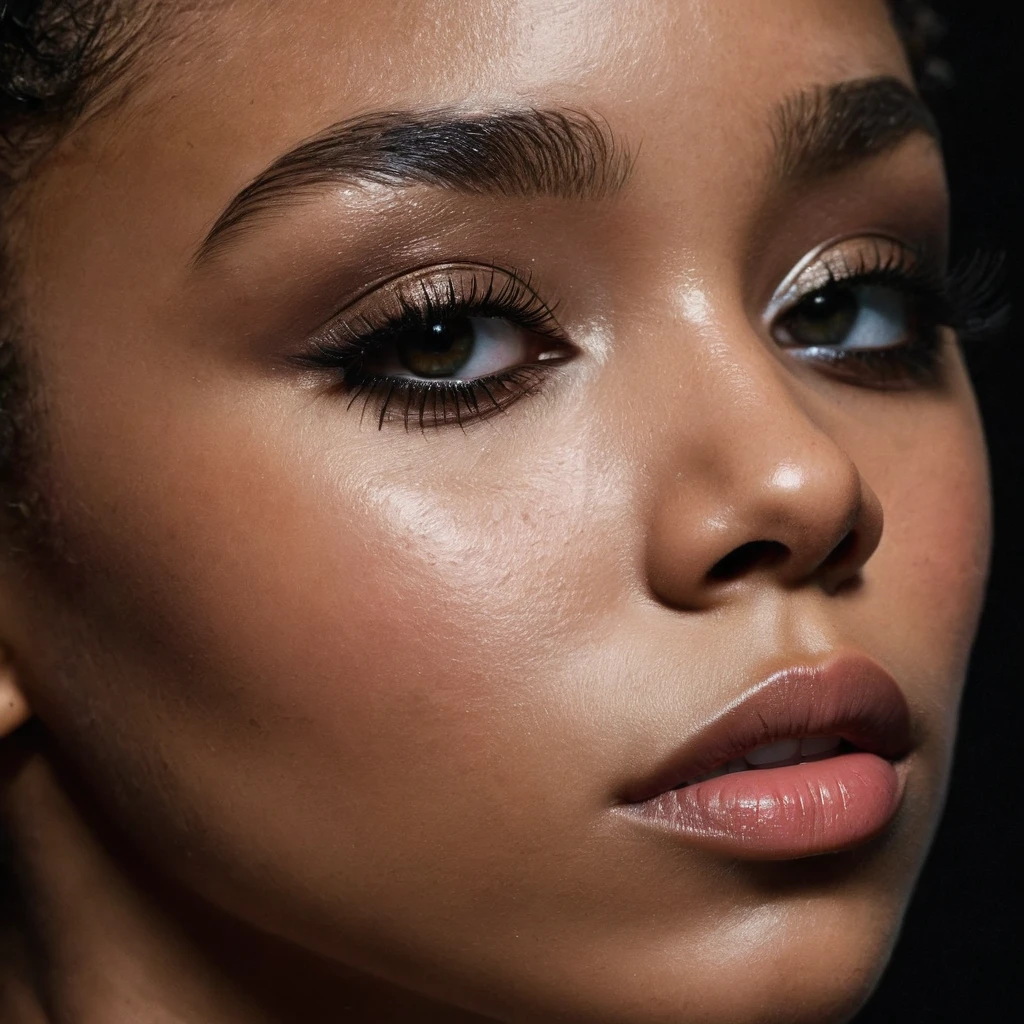 close up and zoomed in on a beautiful depressed emotional sad crying black girl and a black background, sad, depressed, emotional, close up on side profile only showing cheek and eyelight falling on face, noir photorealism, mysterious portrait of a woman, chiaroscuro portrait, close up on side profile, tinashe, zoe kravitz, zoomed in on tear drop, euphoria vibes, black and white, dark