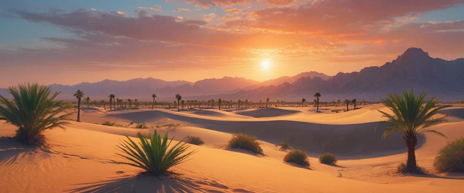 a stand of palm trees around a oasis in an arid desert, (orange sky:1.2), undulating sand dunes, a lone figure casting a shadow, scorching sun, detailed landscape, (best quality,4k,8k,highres,masterpiece:1.2),ultra-detailed,(realistic,photorealistic,photo-realistic:1.37),cinematic lighting, vibrant colors, serene atmosphere, desert, sand, landscape, photo, colorful, dramatic, beautiful, tranquil
