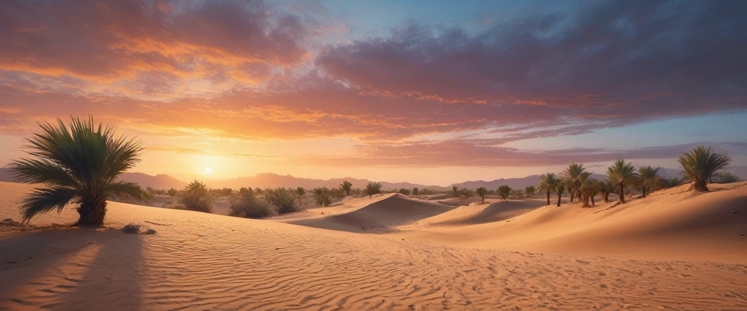 a stand of palm trees around a oasis in an arid desert, (orange sky:1.2), undulating sand dunes, a lone figure casting a shadow, scorching sun, detailed landscape, (best quality,4k,8k,highres,masterpiece:1.2),ultra-detailed,(realistic,photorealistic,photo-realistic:1.37),cinematic lighting, vibrant colors, serene atmosphere, desert, sand, landscape, photo, colorful, dramatic, beautiful, tranquil