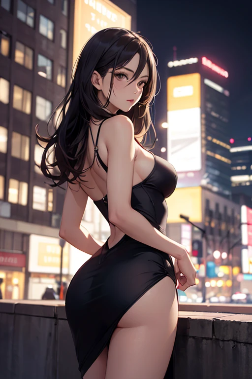 masterpiece, best quality, shadows, perfect hands, perfect legs, perfect anatomy, pretty face, mature features, 1 girl, 21 years old, mature woman, sexy black dress, city night background, white long hair, thighs, ass, breast, seductive, spicy, posing, cinematography lights,