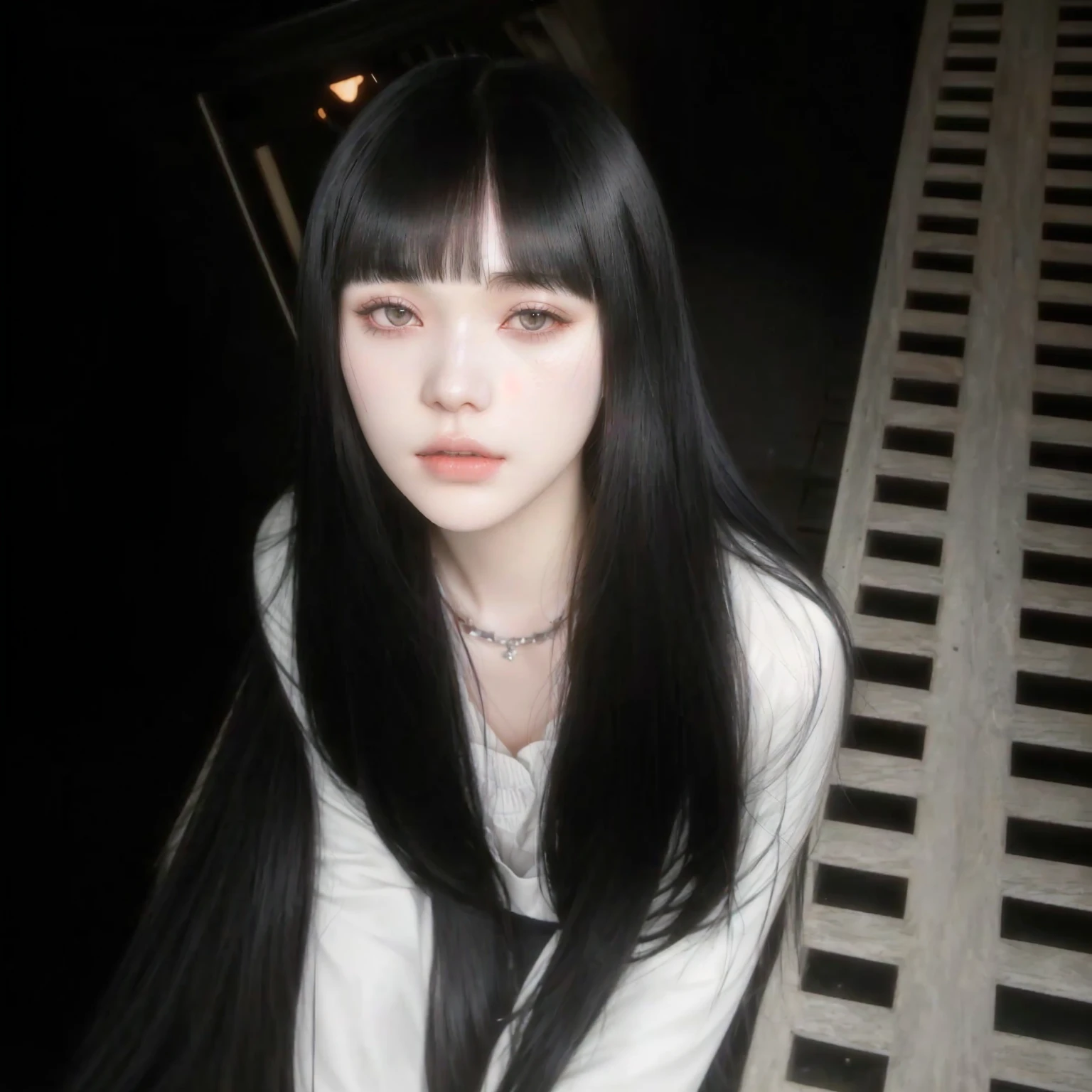 There is a woman with long black hair sitting on a bench, she has black hair with bangs, white hime cut hairstyle, black hair and white bangs, pale and light skin!!, pale gothic beauty, the hime cut, she looks like a mix of grimes, black bangs, with bangs, sui ishida with black hair, with bangs completo, white bangs