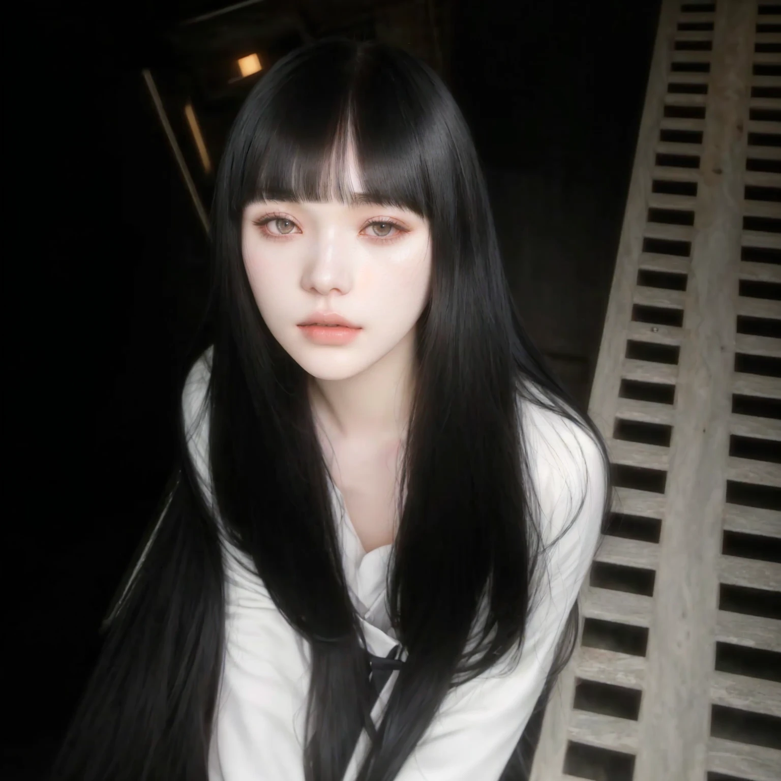 There is a woman with long black hair sitting on a bench, she has black hair with bangs, white hime cut hairstyle, black hair and white bangs, pale and light skin!!, pale gothic beauty, the hime cut, she looks like a mix of grimes, black bangs, with bangs, sui ishida with black hair, with bangs completo, white bangs