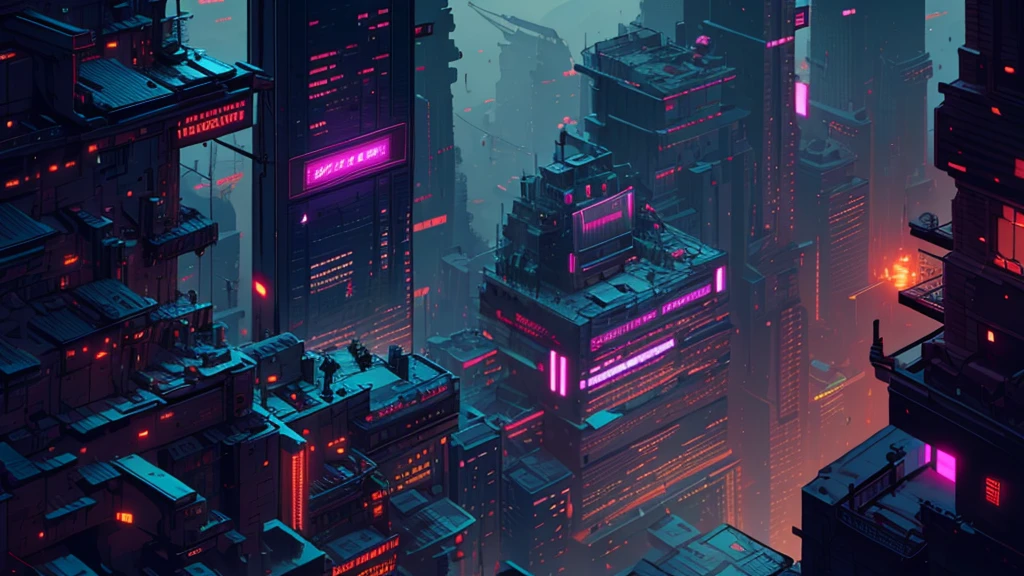 Please create a detailed map for a tabletop RPG with a futuristic and cyberpunk setting. The map should include a large city with towering skyscrapers and neon signs, bustling streets with flying vehicles, industrial areas with automated factories, and some darker, more run-down neighborhoods. Also, include a central zone that serves as a meeting point or market where characters can interact and trade. The atmosphere should be technological, with touches of dystopia and high technology present in all aspects of life