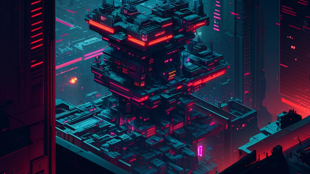 Please create a detailed map for a tabletop RPG with a futuristic and cyberpunk setting. The map should include a large city with towering skyscrapers and neon signs, bustling streets with flying vehicles, industrial areas with automated factories, and some darker, more run-down neighborhoods. Also, include a central zone that serves as a meeting point or market where characters can interact and trade. The atmosphere should be technological, with touches of dystopia and high technology present in all aspects of life