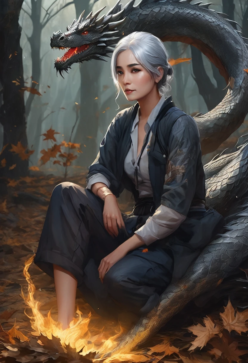 A woman with gray hair ,wearing ragged clothes ,there is a tattoo on his arm, he is sitting on a bed of dry leaves ,wear bandu from dry twigs ,accompanied by a big dragon ,The background is a forest illuminated by light ,realistic UHD 24