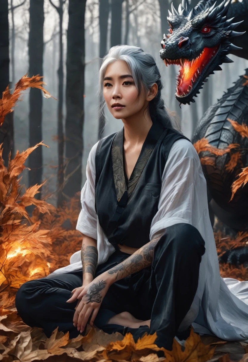 A woman with gray hair ,wearing ragged clothes ,there is a tattoo on his arm, he is sitting on a bed of dry leaves ,wear bandu from dry twigs ,accompanied by a big dragon ,The background is a forest illuminated by light ,realistic UHD 24