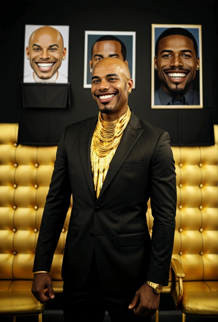 bald black man hip hop executive in suit and tie in large conference room with posters. ((he is smiling with gold teeth:1.4)) 