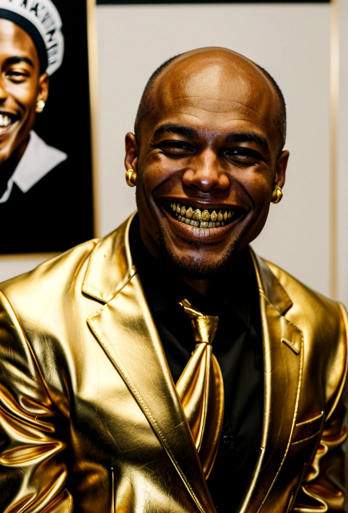 bald black man hip hop executive in suit and tie in large conference room with posters. ((he is smiling with gold teeth:1.4))