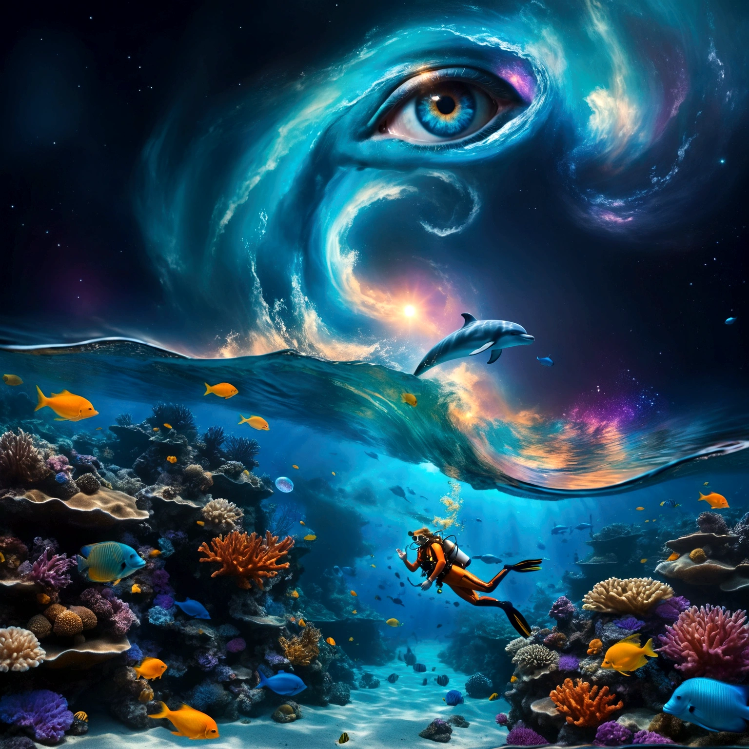 Create an endless ocean at night. Foreground: A huge luminescent barrier reef with glowing fishes and jellyfishes. floating bioluminescent orbs that drift lazily through the water, casting a soft glow.(( A diver goes scuba diving , wearing a detailed whimsical outfit . The bodice has fish scale patterns in layers, creating depth with a smooth, slightly metallic surface that reflects light in iridescent hues of orange and gold)). Add subtle, translucent silhouettes of mythical sea creatures in the background, barely visible but adding to the mystical feel. Midground: A dolphin jumping out of a wave, illuminated by moonlight filtering through the water. Background: A sky dominated by a massive cosmic eye, surrounded by swirling galactic patterns and luminous stars. Spiraling waves that seamlessly blend into the cosmic sky. a gentle, otherworldly melody that seems to resonate from the cosmic eye, creating an auditory illusion in the viewer's mind. Dominant tones of blue, turquoise, and violet. Accents of yellow and orange from the tropical fish. Composition: The scene should guide the viewer’s gaze from the detailed coral reefs and marine life in the foreground, to the dolphin in the midground, and finally to the cosmic eye and swirling waves in the background. Use lines and patterns to naturally direct the viewer’s attention upwards. Envelop the entire scene in a soft, shimmering haze that adds to the ethereal quality. Atmosphere: Evoke a mystical and dreamlike atmosphere, blurring the boundaries between reality and imagination. Create a sense of depth and dimension with sharp details in the foreground and midground, and a slightly softer focus on the cosmic elements in the background. A peaceful atmosphere, absolutely astonishing and beautiful landscape with very saturated colors, glowing. Four-dimensional, the best quality, photoréaliste, éclairage cinématographique,