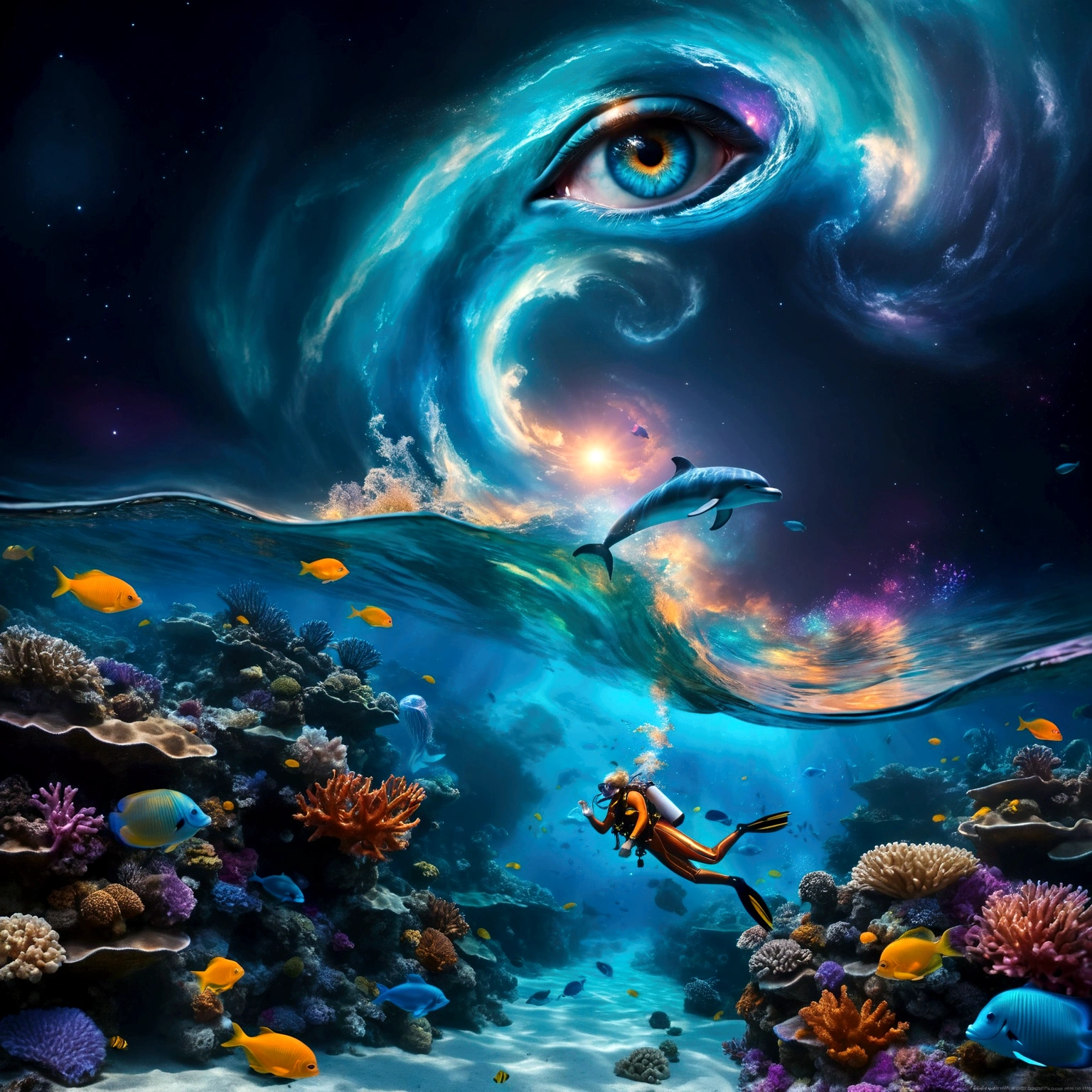 Create an endless ocean at night. Foreground: A huge luminescent barrier reef with glowing fishes and jellyfishes. floating bioluminescent orbs that drift lazily through the water, casting a soft glow.(( A diver goes scuba diving , wearing a detailed whimsical outfit . The bodice has fish scale patterns in layers, creating depth with a smooth, slightly metallic surface that reflects light in iridescent hues of orange and gold)). Add subtle, translucent silhouettes of mythical sea creatures in the background, barely visible but adding to the mystical feel. Midground: A dolphin jumping out of a wave, illuminated by moonlight filtering through the water. Background: A sky dominated by a massive cosmic eye, surrounded by swirling galactic patterns and luminous stars. Spiraling waves that seamlessly blend into the cosmic sky. a gentle, otherworldly melody that seems to resonate from the cosmic eye, creating an auditory illusion in the viewer's mind. Dominant tones of blue, turquoise, and violet. Accents of yellow and orange from the tropical fish. Composition: The scene should guide the viewer’s gaze from the detailed coral reefs and marine life in the foreground, to the dolphin in the midground, and finally to the cosmic eye and swirling waves in the background. Use lines and patterns to naturally direct the viewer’s attention upwards. Envelop the entire scene in a soft, shimmering haze that adds to the ethereal quality. Atmosphere: Evoke a mystical and dreamlike atmosphere, blurring the boundaries between reality and imagination. Create a sense of depth and dimension with sharp details in the foreground and midground, and a slightly softer focus on the cosmic elements in the background. A peaceful atmosphere, absolutely astonishing and beautiful landscape with very saturated colors, glowing. Four-dimensional, the best quality, photoréaliste, éclairage cinématographique,