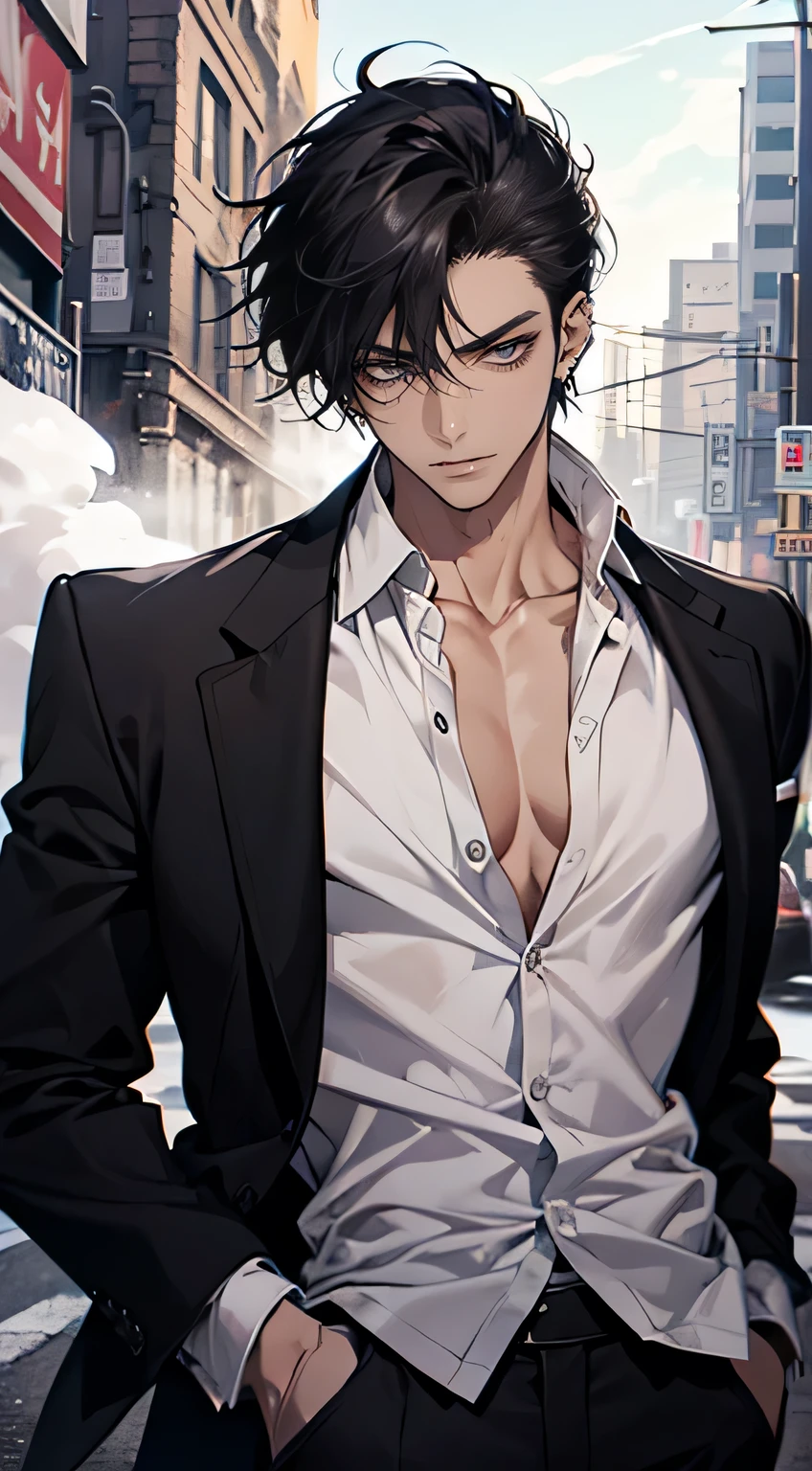 (masterpiece, Best quality, A high resolution, ultra detailed), 1 person, male focus, spiky black hair, grey eyes, Beautiful, Detailed eyes and face, male body, earrings, ear piercing,  unbuttoned black jacket, White shirt, trousers, naked collarbones, chain necklace, city slum background, by Amano Akira, whole body, cigarette, cigarette smoke, the guy smokes,1 guy, masterpiece