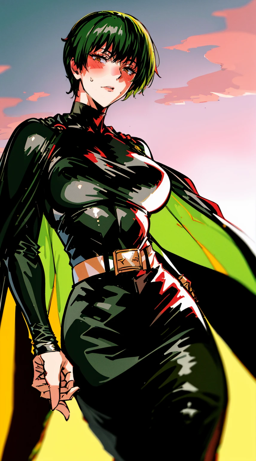 best quality, masterpiece, 1girl, (solo:1.1), raytracing, ultra detailed,detailed face, 8k wallpaper, wide hips, ZeninMakiNDV, 1girl, green hair, yellow eyes, large breasts,black cape, skirt.