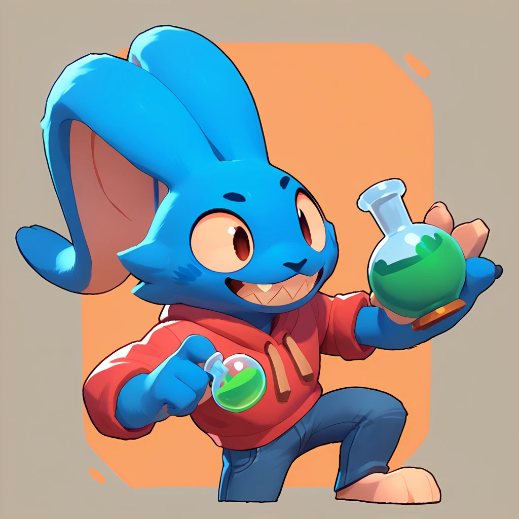 a round creature with blue fur, male, long ears, smiling, sharp teeth, wearing jeans, friendly round creature, holding a green potion in his hand