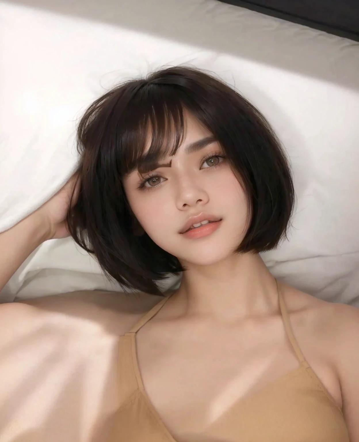 A close-up of a woman wearing a tan bra lying on a bed, with short hair, with short hair with bangs, with bangs, with a bob cut, neat hair with bangs, bob cut, pretty-face-fine girl, short haircut, Southeast Asian with round face, bob cut hair, short brown hair with bangs