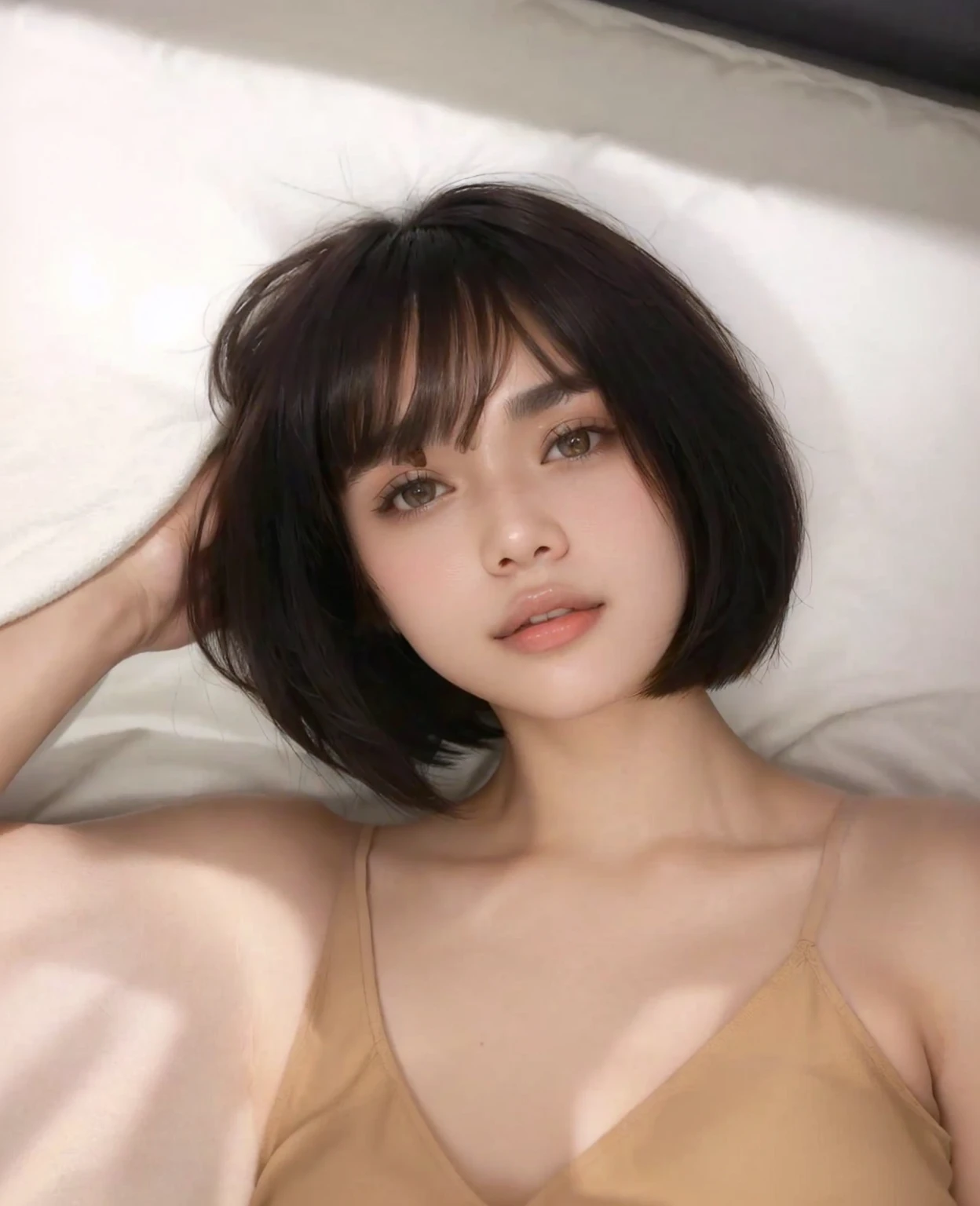 A close-up of a woman wearing a tan bra lying on a bed, with short hair, with short hair with bangs, with bangs, with a bob cut, neat hair with bangs, bob cut, pretty-face-fine girl, short haircut, Southeast Asian with round face, bob cut hair, short brown hair with bangs