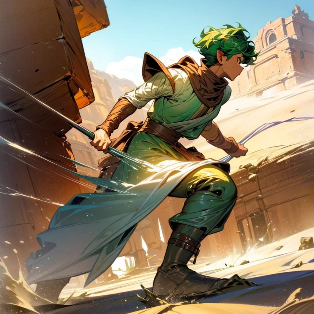 1boy, Full body version, 1character, (sand wanderer), brown eyes color, dark skin, (Curly cut hairstyle), small eyes type, green colour hair, doctor ancient roman clothing style, white color clothing, dark green robe, Ancient roman boots, armor vest, sands in two hand, Grassroots background in desert, (battle, battle gesture, battle poses, view character on small, He a sand wanderer, he controls sand with his hands, he fights enemies with sand, enemies, bandits, Fighting, intense battles, fighting in desert, Dynamic Pose, Motion Blur, emphasis lines, sparks, plasma, aura)