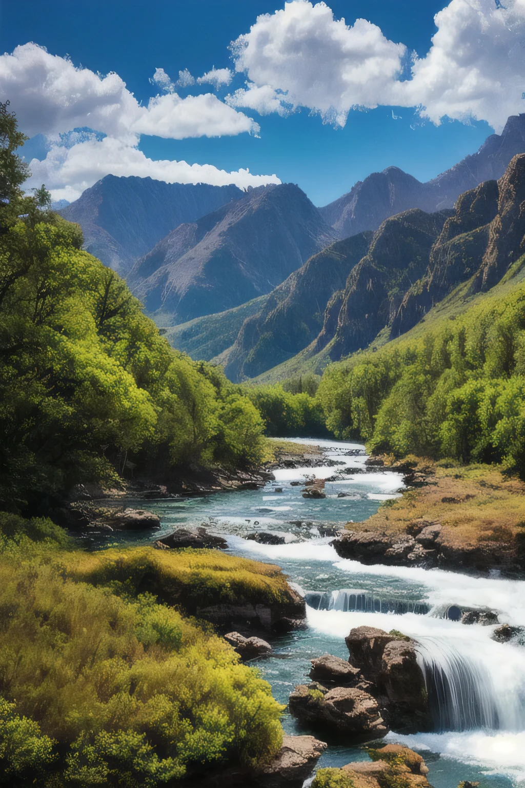 masterpiece, Highest quality, Cg единство 8k обои, Super tender, Beautiful sky and clouds, rich natural scenery, Rocks, lakes and rivers, waterfalls and flying water, beautiful green mountains, no trace of people, great scenery, already won a photo contest, Blur background, full depth of field, HDR high dynamics, true recovery, difficult, extreme details, dramatic performance, perfectly representing the midway art style.