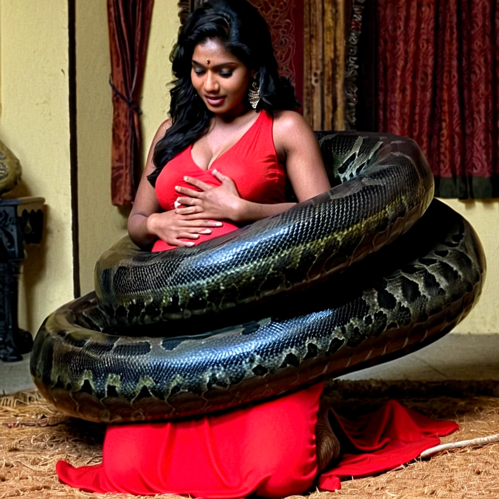   Pregnant Happy Horny, aroused 1girl), beautiful kneeling indian  girl  with  giant colossal black titanboa squeezing her hard, wrapped in thick spiraling coils, constricted, struggle, gasping for air, snake attack, snake peril, moonless night, dim light