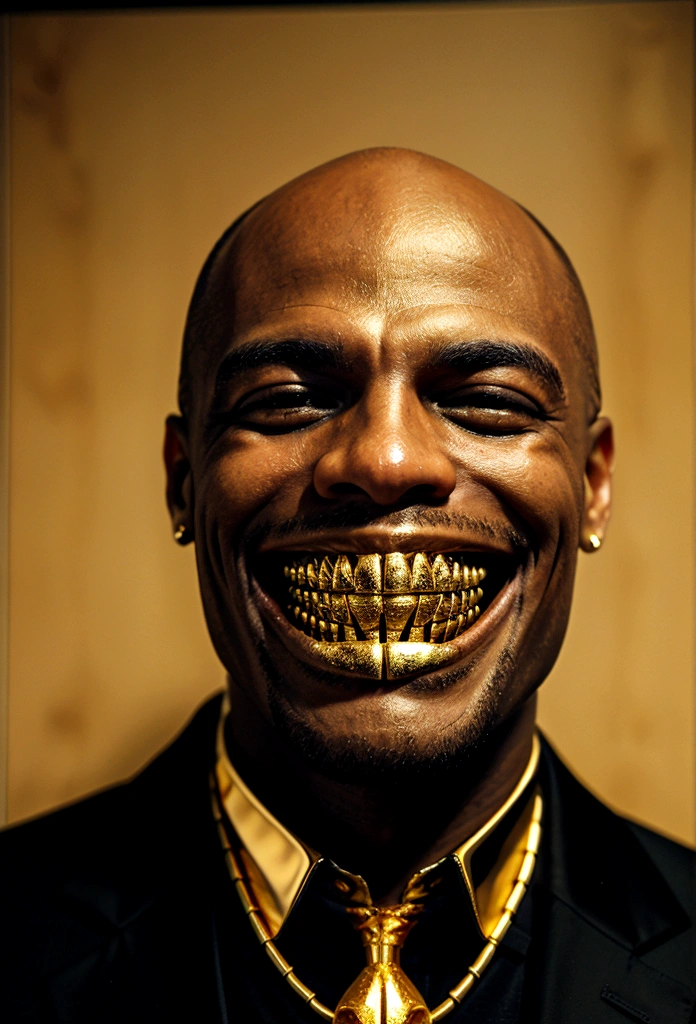 bald black man hip hop executive in suit and tie in large conference room with posters. ((he is smiling with gold teeth in his mouth:1.4)) 