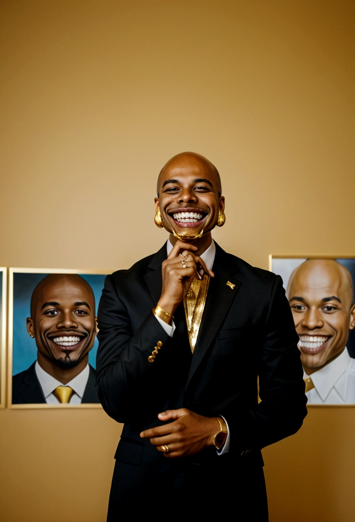bald black man hip hop executive in suit and tie in large conference room with posters. ((he is smiling with gold teeth in his mouth:1.4))