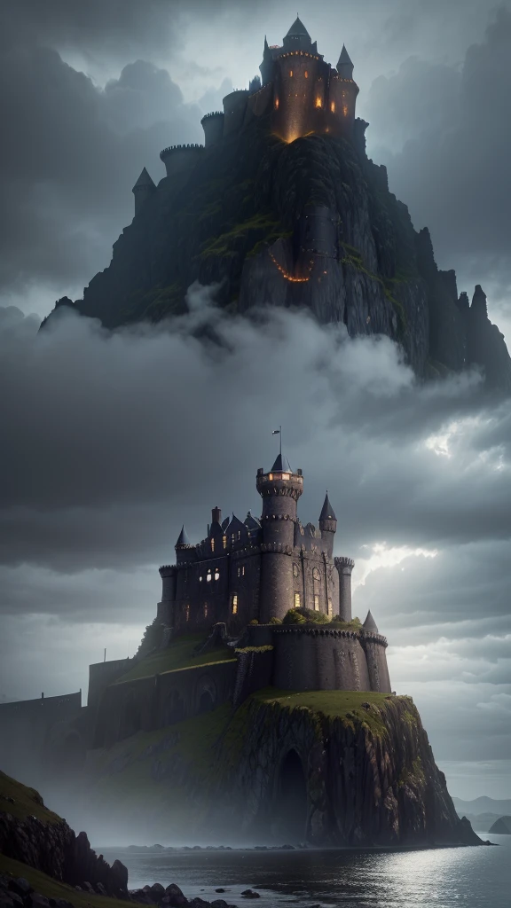 a dark and gloomy castle on a cliff overlooking the sea,(Dumbarton castle:1.2),old medieval castle,cloudy sky,moody lighting,atmospheric,dramatic shadows,gritty,gothic architecture,ominous,haunting,mystery,horror,atmosphere,photorealistic,highly detailed,8k,masterpiece