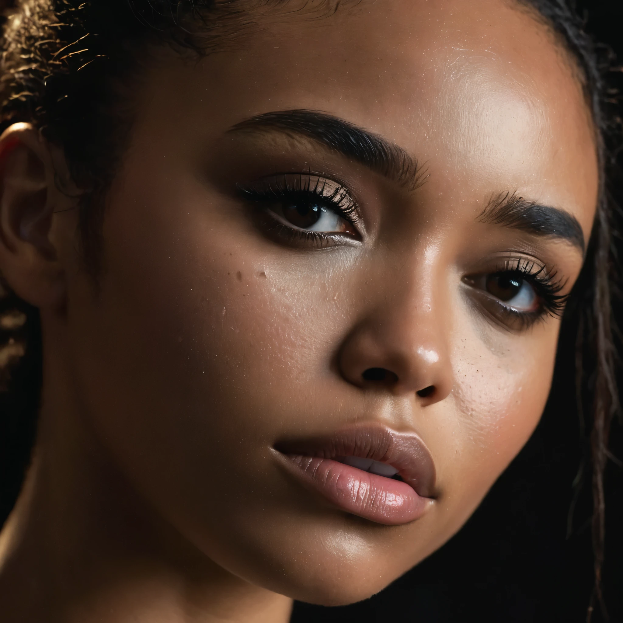 close up and zoomed in on a beautiful depressed emotional sad crying black girl and a black background, sad, depressed, emotional, close up on side profile only showing cheek and eyelight falling on face, noir photorealism, mysterious portrait of a woman, chiaroscuro portrait, close up on side profile, tinashe, zoe kravitz, zoomed in on tear drop, euphoria vibes, black and white, dark