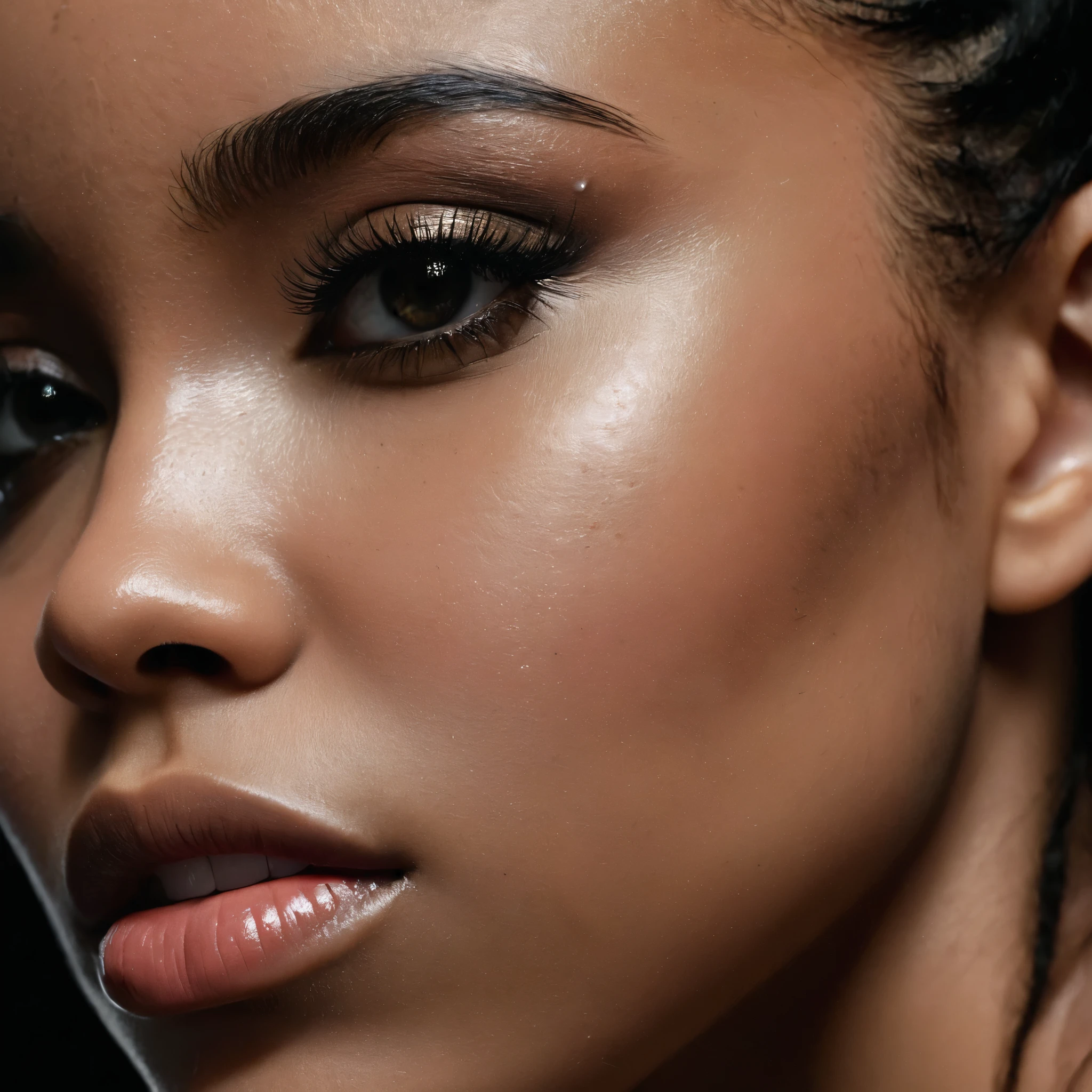 close up and zoomed in on a beautiful depressed emotional sad crying black girl and a black background, sad, depressed, emotional, close up on side profile only showing cheek and eyelight falling on face, noir photorealism, mysterious portrait of a woman, chiaroscuro portrait, close up on side profile, tinashe, zoe kravitz, zoomed in on tear drop, euphoria vibes, black and white, dark
