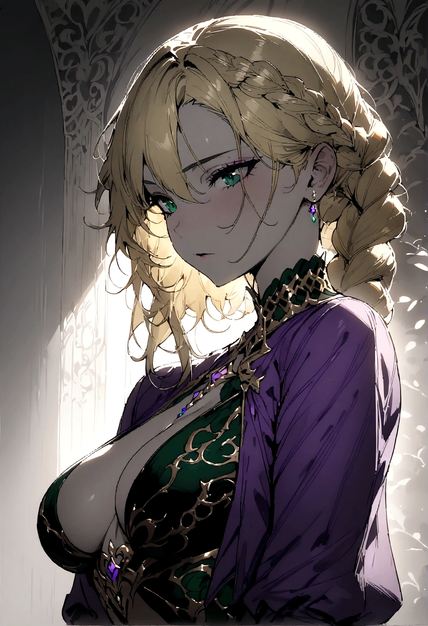 masterpiece, highest quality, delicate and elegant woman, gorgeous lighting,blonde hair,high braided hair, (bolero), (purple jacket),fantasy clothing,beautiful eyes,olive skin, (dark green eyes),(grey theme), sultry look, upper body