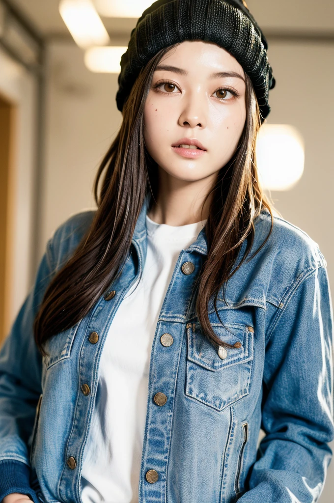 (
(8k:1.27), best quality, masterpiece, ultra highres:1.2) Photo of Pretty Japanese woman
(beautiful:1.1) (sci-fi warrior woman:1.1) space soldier, (beanie:1.61) (leather jacket:1.21) intricate elegant, fantasy, detailed, ometric by greg rutkowski and alphonse mucha, gradient lighting