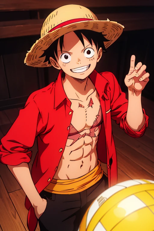 A highly detailed illustration of monkey d luffy, wearing a straw hat, scar under left eye, smiling, teeth, cowboy shot, looking at viewer,black pants, red open shirt, luxury ball room in background, red "X" scar on chest