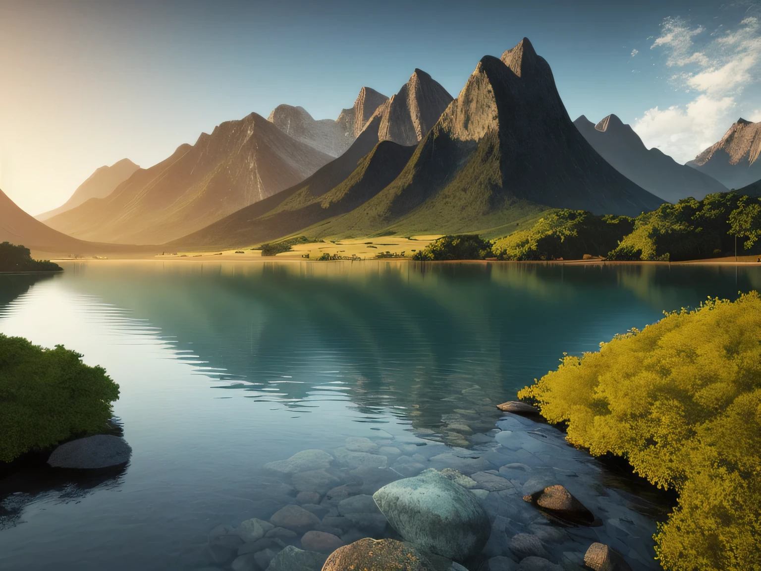 peaceful place, Very nice, aesthetic, Peace of mind, picturesque. photorealistic, 8k contract, studio quality, ultra realistic, Maximum detail, Huge scale, Post-processing, realistic, Photorealism, photoshopped, photo, detailed, Cinematic lighting, landscape, panoramic, landscape, ray tracing, cinema4D