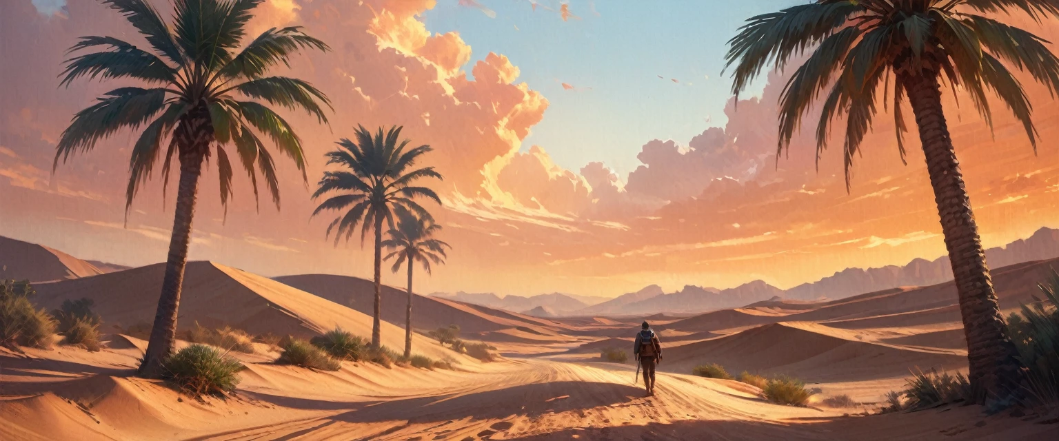 a stand of palm trees around a oasis in an arid desert, (orange sky:1.2), undulating sand dunes, a lone figure casting a shadow, scorching sun, detailed landscape, (best quality,4k,8k,highres,masterpiece:1.2),ultra-detailed,(realistic,photorealistic,photo-realistic:1.37),cinematic lighting, vibrant colors, serene atmosphere, desert, sand, landscape, photo, colorful, dramatic, beautiful, tranquil