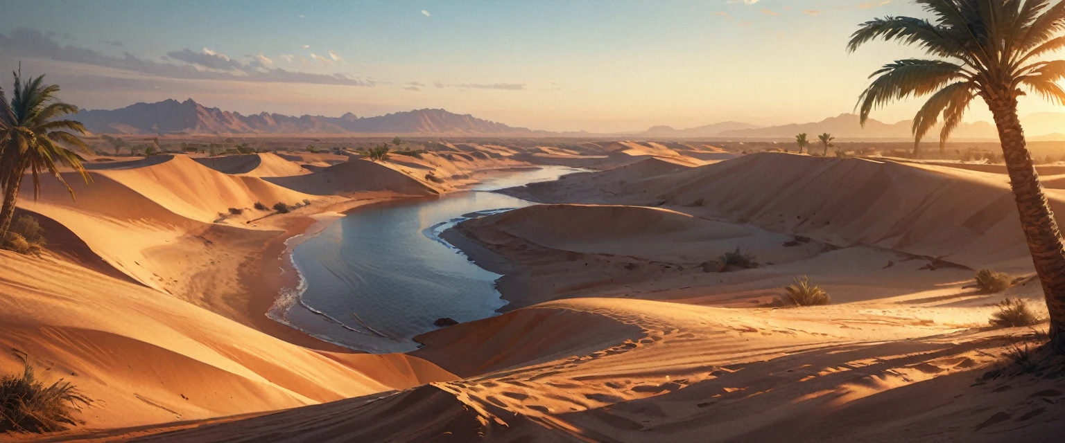 a stand of palm trees around a oasis in an arid desert, (orange sky:1.2), undulating sand dunes, a lone figure casting a shadow, scorching sun, detailed landscape, (best quality,4k,8k,highres,masterpiece:1.2),ultra-detailed,(realistic,photorealistic,photo-realistic:1.37),cinematic lighting, vibrant colors, serene atmosphere, desert, sand, landscape, photo, colorful, dramatic, beautiful, tranquil