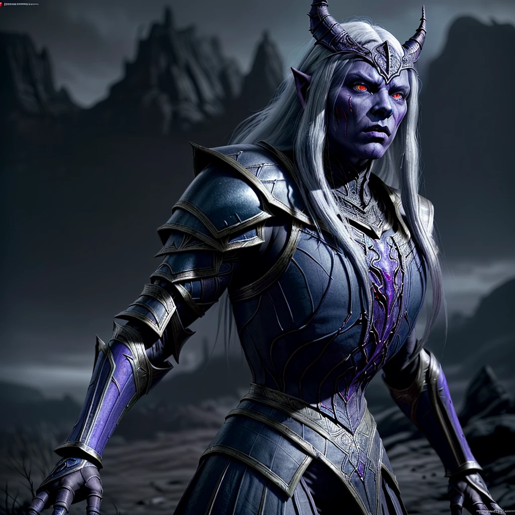 A dunmer wearing ebony mail, intricate ebony armor, glowing red eyes, long white hair, striking a powerful pose, dark fantasy, cinematic lighting, dramatic shadows, highly detailed, unreal engine, matte painting style, moody colors, deep shades of blue, purple and black