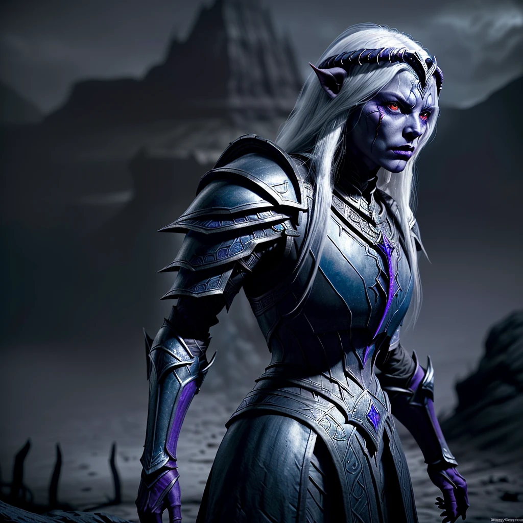 A dunmer wearing ebony mail, intricate ebony armor, glowing red eyes, long white hair, striking a powerful pose, dark fantasy, cinematic lighting, dramatic shadows, highly detailed, unreal engine, matte painting style, moody colors, deep shades of blue, purple and black