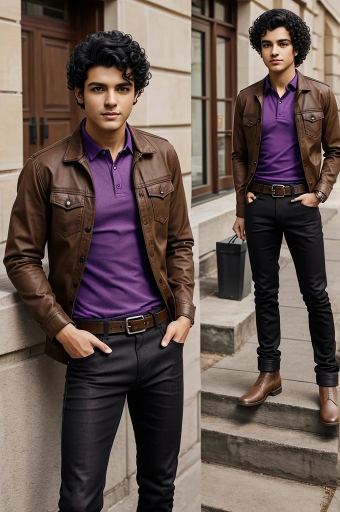Make a slim boy with black curly hair wearing a brown jean jacket with a purple polo shirt, black jeans with a brown belt and brown boots.