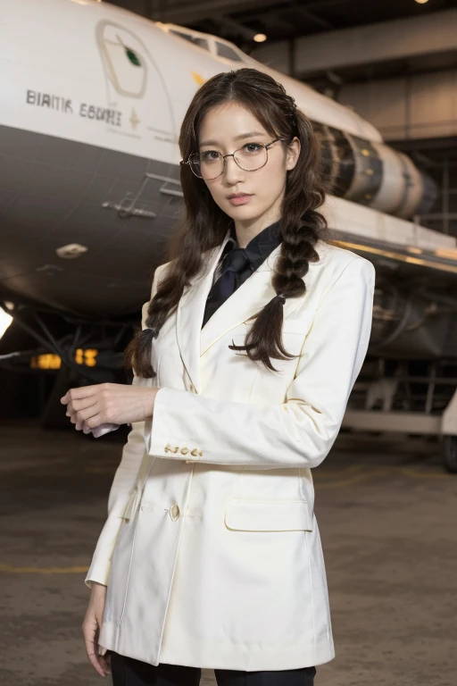 HD,Miss,Small size,Black Hair,Double Braid Hairstyle,Boooon,Green Eyes,Red glasses,Wear formal clothing,,White coat,Dark Expression,warship,, Futuristic, Science fiction, warplane, space, war