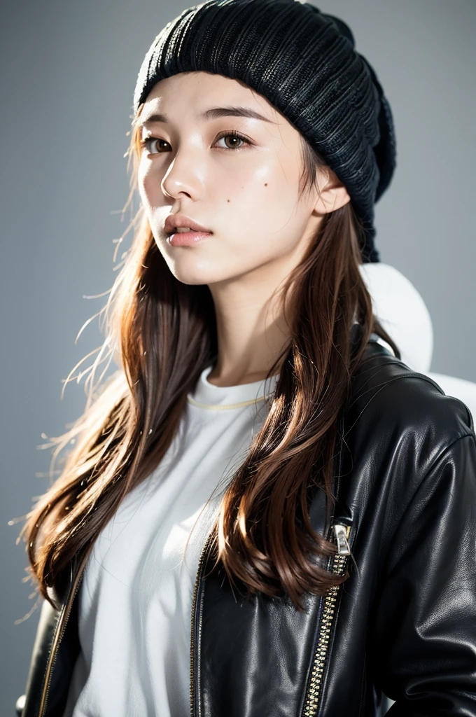 (
(8k:1.27), best quality, masterpiece, ultra highres:1.2) Photo of Pretty Japanese woman
 (beautiful:1.1) (sci-fi warrior woman:1.1) space soldier, (beanie:1.61) (leather jacket:1.21) intricate elegant, fantasy, detailed, ometric by greg rutkowski and alphonse mucha, gradient lighting