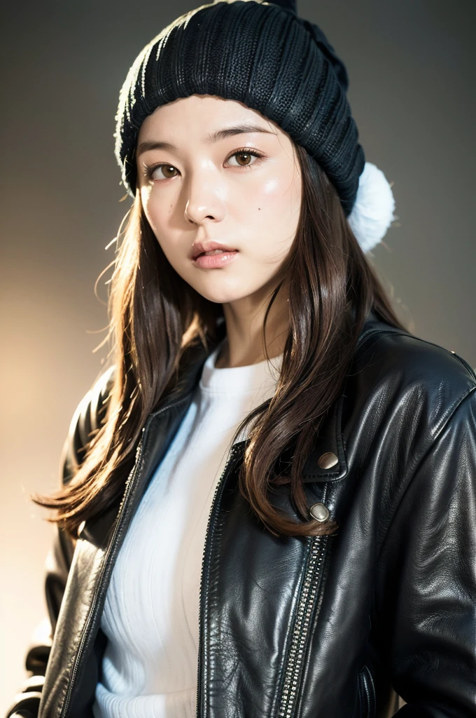 (
(8k:1.27), best quality, masterpiece, ultra highres:1.2) Photo of Pretty Japanese woman
(beautiful:1.1) (sci-fi warrior woman:1.1) space soldier, (beanie:1.61) (leather jacket:1.21) intricate elegant, fantasy, detailed, ometric by greg rutkowski and alphonse mucha, gradient lighting