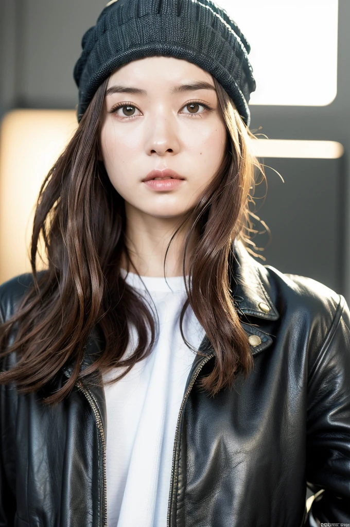 (
(8k:1.27), best quality, masterpiece, ultra highres:1.2) Photo of Pretty Japanese woman
(beautiful:1.1) (sci-fi warrior woman:1.1) space soldier, (beanie:1.61) (leather jacket:1.21) intricate elegant, fantasy, detailed, ometric by greg rutkowski and alphonse mucha, gradient lighting