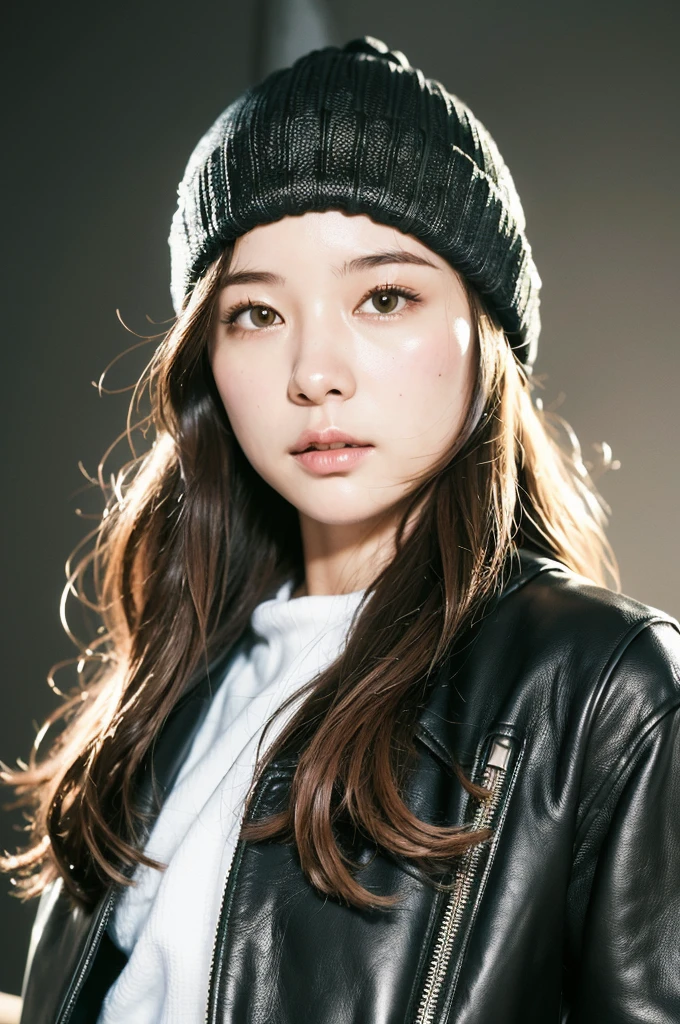 (
(8k:1.27), best quality, masterpiece, ultra highres:1.2) Photo of Pretty Japanese woman
(beautiful:1.1) (sci-fi warrior woman:1.1) space soldier, (beanie:1.61) (leather jacket:1.21) intricate elegant, fantasy, detailed, ometric by greg rutkowski and alphonse mucha, gradient lighting