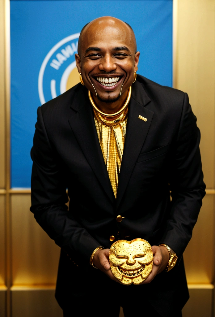 bald black man hip hop executive in suit and tie in large conference room with posters. ((he is smiling with a gold tooth in his mouth:1.4)) 