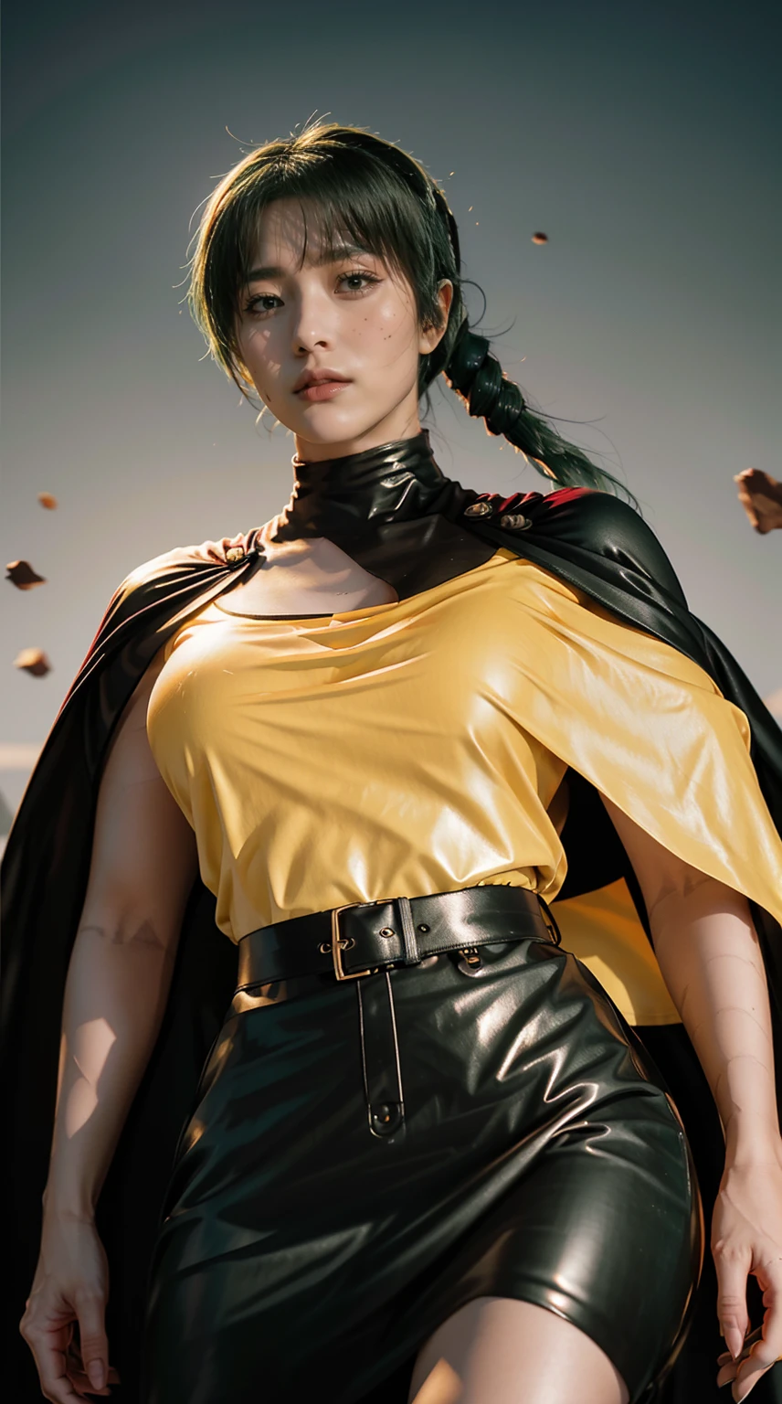 best quality, masterpiece, 1girl, (solo:1.1), raytracing, ultra detailed,detailed face, 8k wallpaper, wide hips, ZeninMakiNDV, 1girl, green hair, yellow eyes, large breasts,black cape, skirt.
