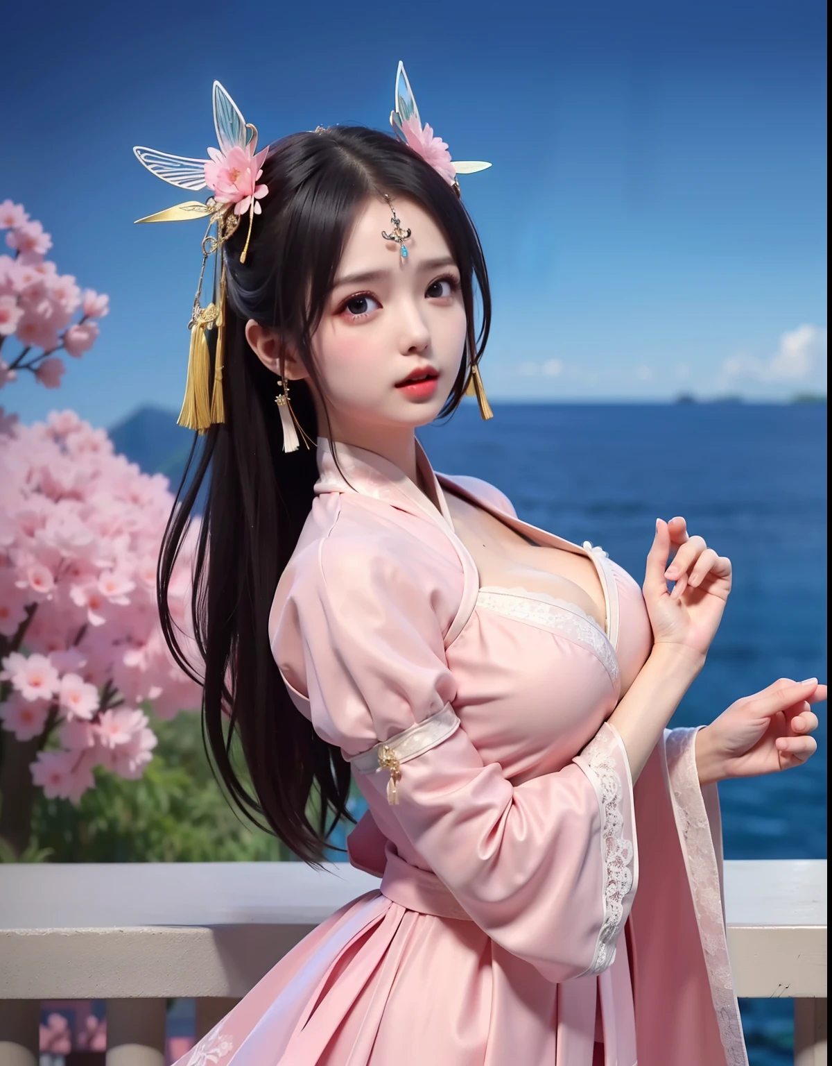 (8k, RAW photo:1.2), best quality, ultra high res,dramatic angle,(fluttered detailed color splashs), (illustration),(((1 girl))),(long hair),(rain:0.9), (Headdress:1.4),There is an ancient palace beside the girl,Hanfu,(Key Points),Color ink painting,(Splash of Color),Splash of Color,(((colorful))),(sketch:0.8) , Masterpiece, best quality, beautiful painted, highly detailed,(denoising:0.6),[splash ink],((ink refraction)), (beautiful detailed sky),moon,highly,detaild,(masterpiece, best quality, extremely detailed） CG Unity 8k Wallpaper，masterpiece，best quality，Ultra Detailed），（Lycoris）.shoulder ballet dress open V-chested clothes Thin silk lace dress short skirt , (huge ，cleavage),, white pink, blue ，best qualtiy，tmasterpiece，Ultra-high resolution，（Reality：1.4），RAW photogr，（True skin texture：1.3），（filmgrain：1.3），（Selfie angle），1个Giant Breast Girl，Beautiful eye and face details，tmasterpiece，Best quality at best，，The chest more exposed， detailed hair, bra pink , detail 8k, full body, lace petticoat, fan handle